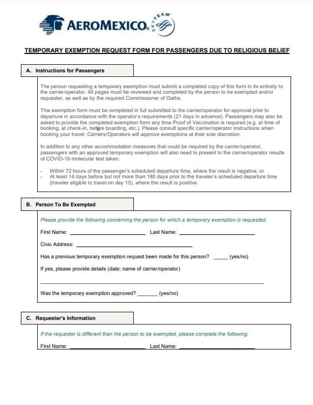 AeroMexico Temporary Exemption Request Form For Passengers Due to Religious Belief COVID-19 Non-Vaccination Based on Religious Grounds notarization neighbourhood notary