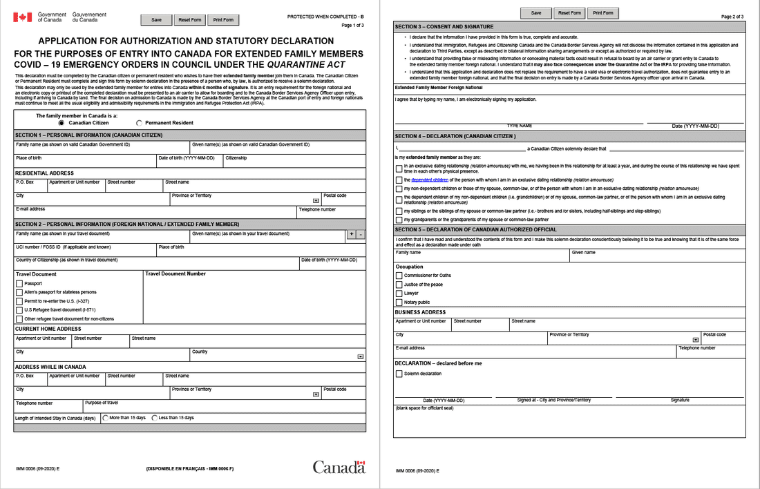 Application for Authorization & Statutory Declaration to Unite with Extended Family during COVID-19 (IMM 0006) notarization neighbourhood notary