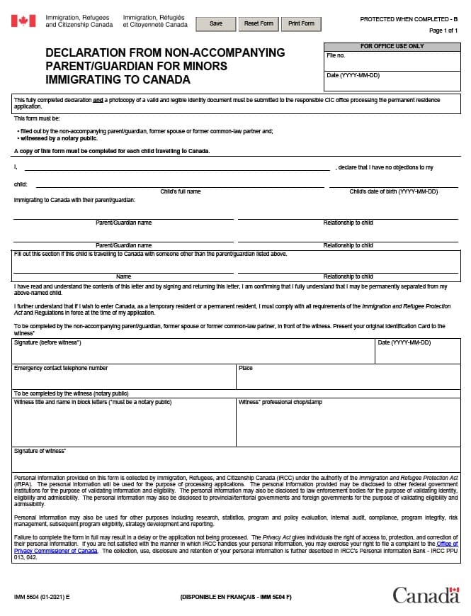 Declaration From Non Accompanying ParentGuardian For Minors Immigrating To Canada (IMM 5604) notarization neighbourhood notary