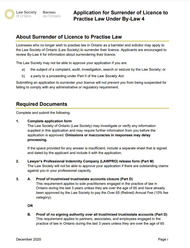 Ontario Lawyer or Paralegal Application for Surrender of Licence to Practise Law Under By-Law 4 notarization neighbourhood notary