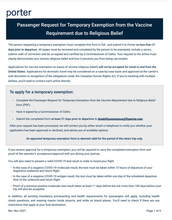 Porter Airlines Passenger Request for Temporary Exemption from the Vaccine Requirement due to Religious Belief notarization neighbourhood notary