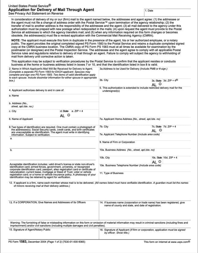 United States Postal Service (USPS) Form 1583 Application for Delivery of Mail Through Agent notarization neighbourhood notary